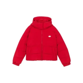 Kurze, warme Daunenjacke mit Kapuze und langen Ärmeln „Weiß Rot“