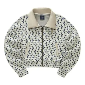 Kurzjacke mit Stehkragen, Reißverschluss und Logo-Print „Beige Blau Weiß“