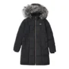 Lange Daunenjacke mit Kapuze, Kordelzug und Fellbesatz „Schwarz-Weiß“