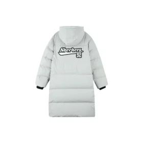 Lange Daunenjacke mit Schriftzug „Weiß“